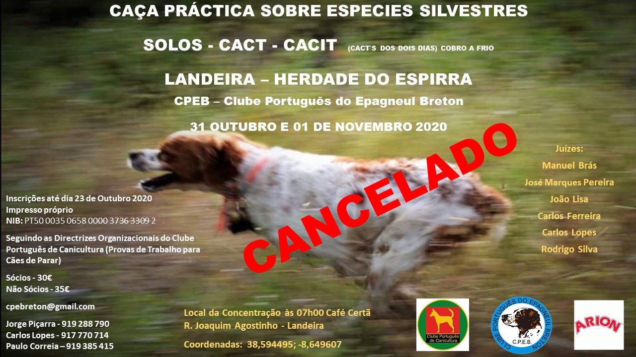 CANCELAMENTO!!!  Provas de Caça Práctica 21 e 22 de Novembro 2020